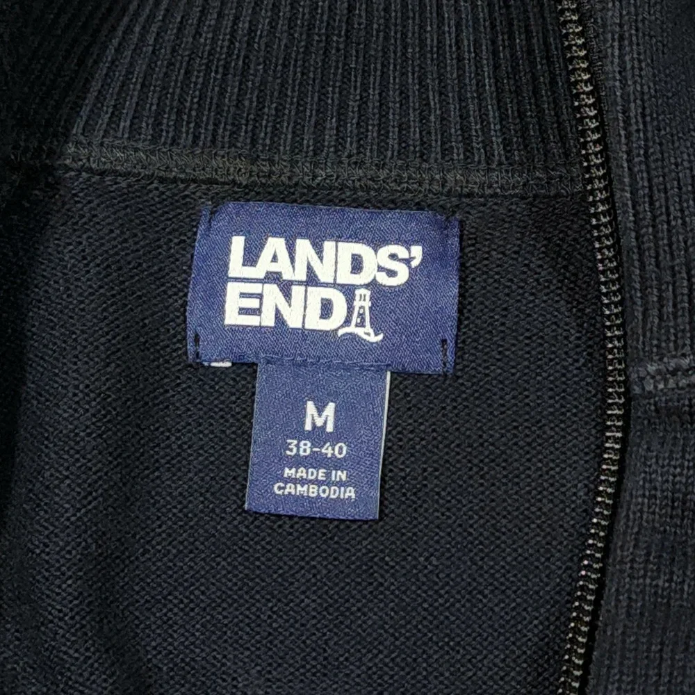 Lands End Full Zip Cardigan M Mens Sweater Black Cotton Modal Neck Dark Academia